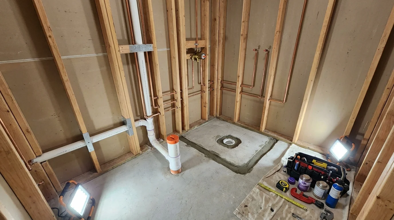 Bathroom rough-in plumbing during remodel by Johns Plumbing LLC in Apache