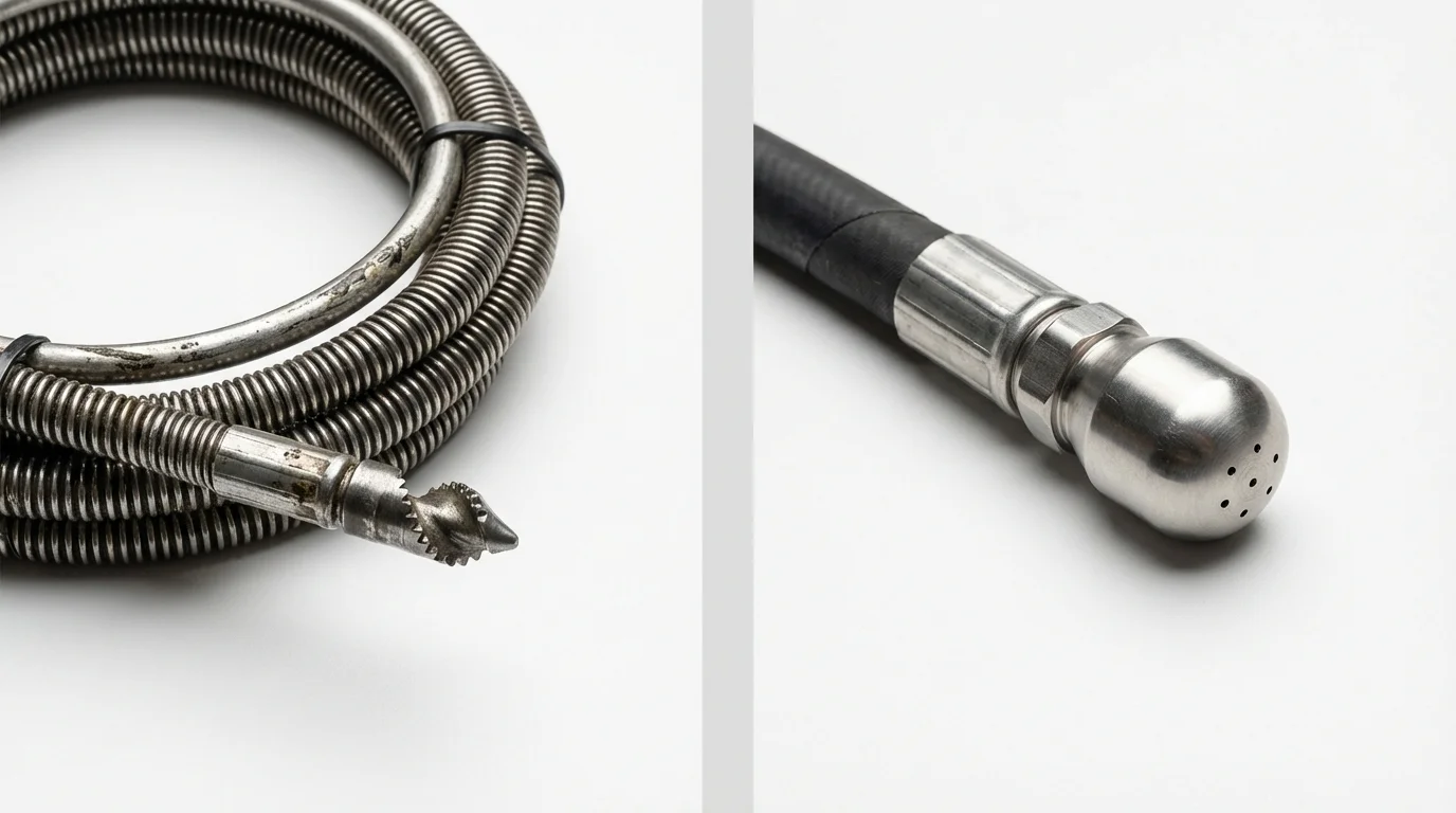 Drain snake cable and hydro jetting nozzle used for drain cleaning in Apache, OK
