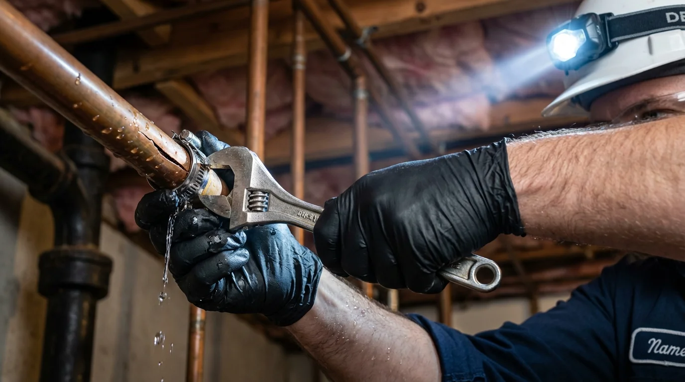 Emergency pipe clamp repair being performed by a Johns Plumbing LLC plumber in Apache