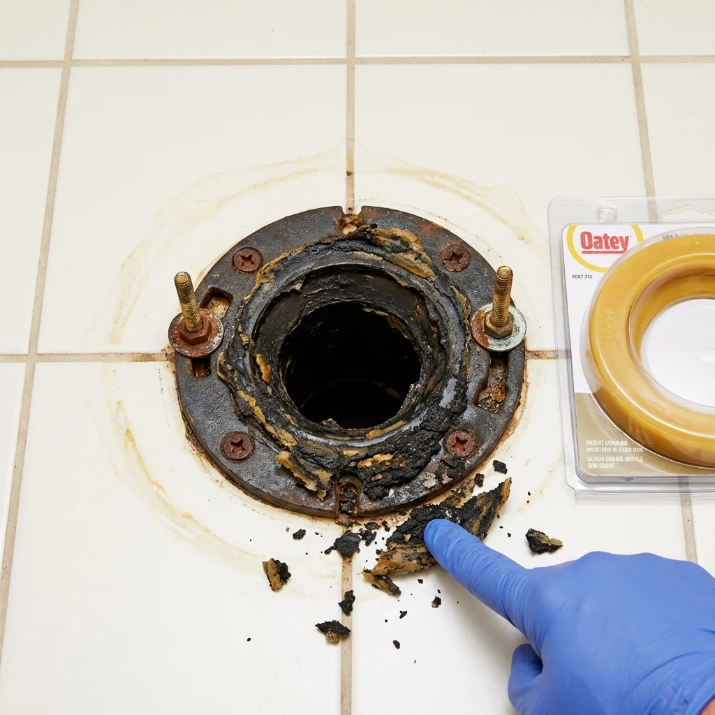 Failed wax ring showing water seepage at the base of a toilet in a Apache, OK home