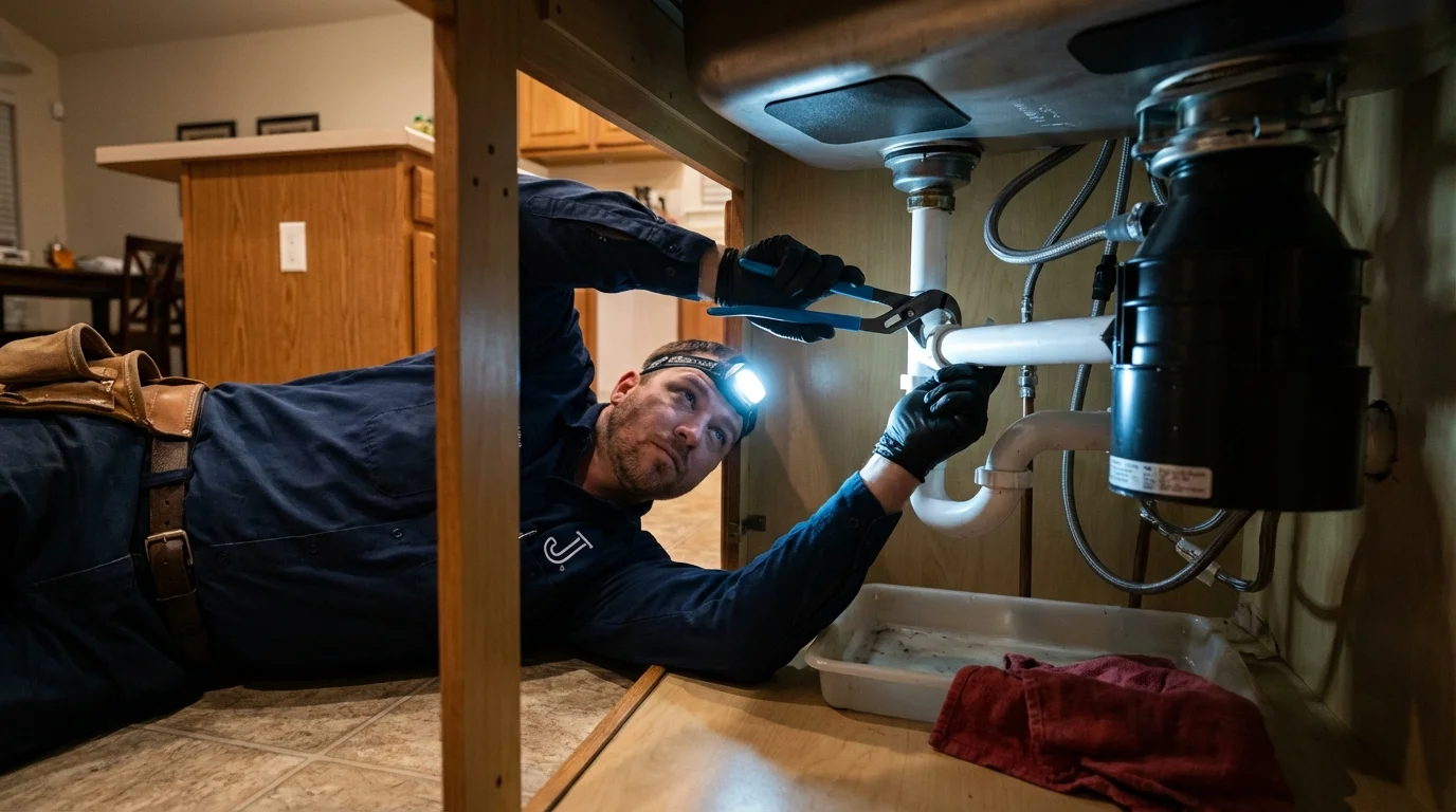 P-trap and supply line connections under a kitchen sink showing a common leak point in Apache, OK